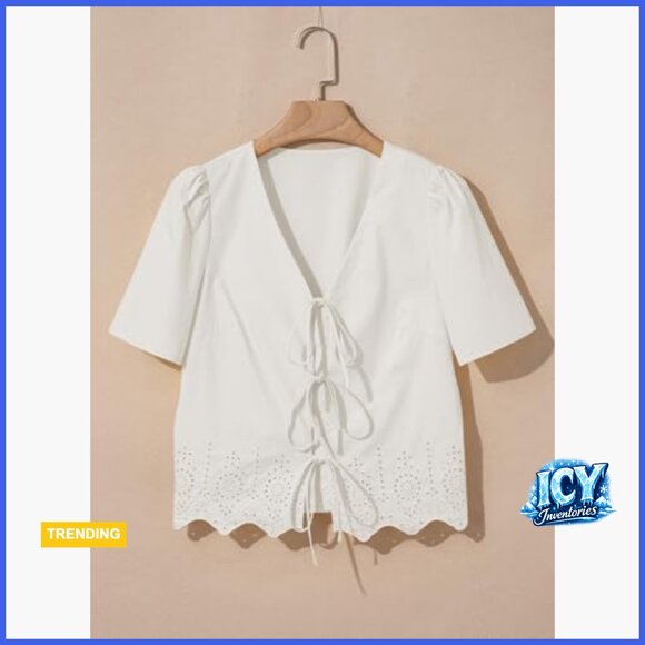 Cotton Lyocell Tie Front Crop Top with Eyelet Embroidery and Puff Sleeves - Picture 3 of 7